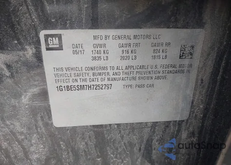 2017 Chevrolet Cruze Lt из США, поврежденный, VIN 1G1BE5SM7H7252797